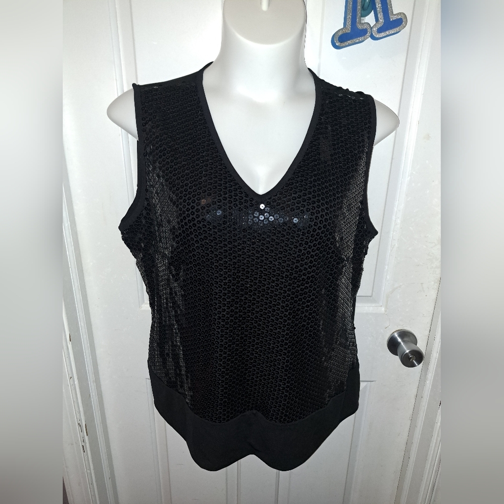 Worthington Women’s Black Sequins V- Neck Sleeveless Blouse Sz 2X